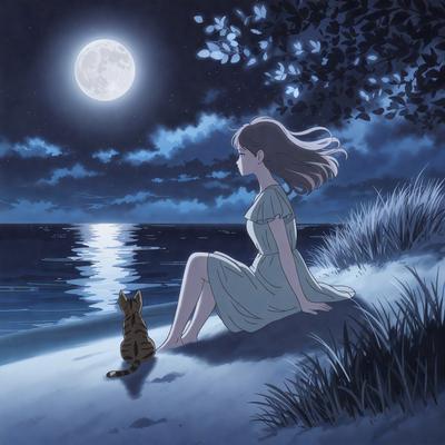 The primary subject of the image is a woman sitting on a rock near the ocean at night. She is accompanied by a cat, which is sitting on the sand nearby. The setting is a beach with a dark sky and a moon visible in the background. The visual style is an illustration, and the colors and mood are predominantly dark and serene, with the moonlight providing a soft glow.